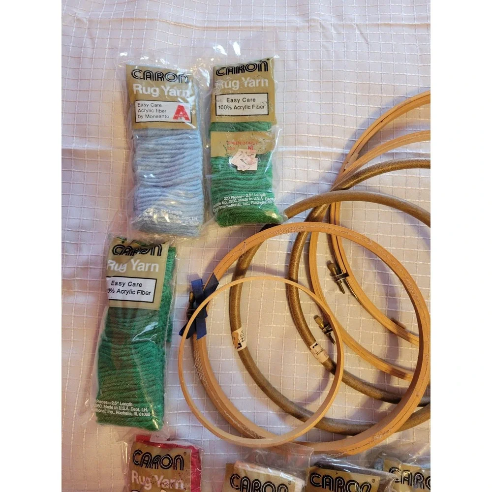 Vintage Needlework Lot Caron Rug Yarn Embroidery Hoops Sayelle Pom Pom Maker